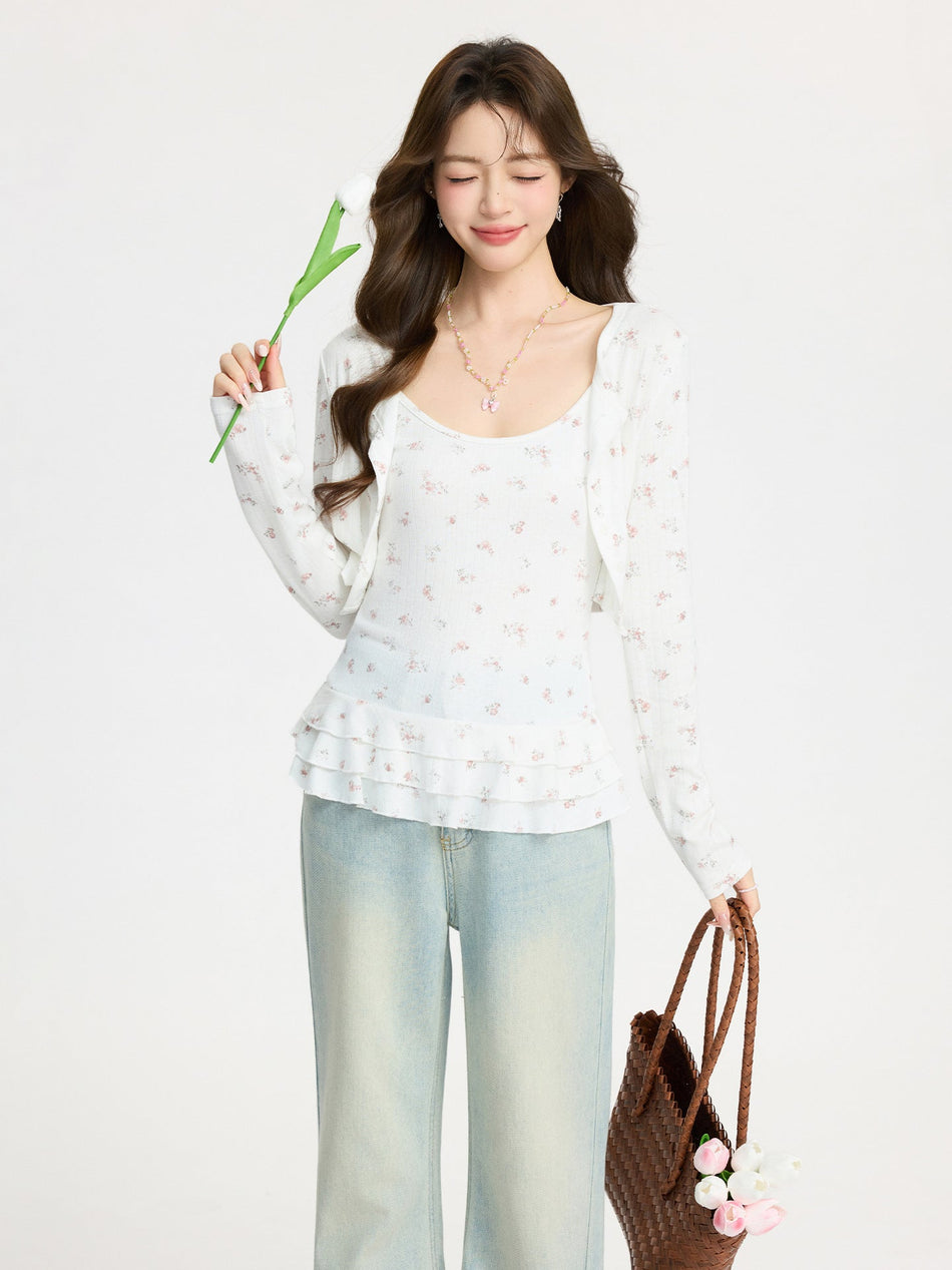 Floral Two-Piece Knitted Cardigan Set Women Spring