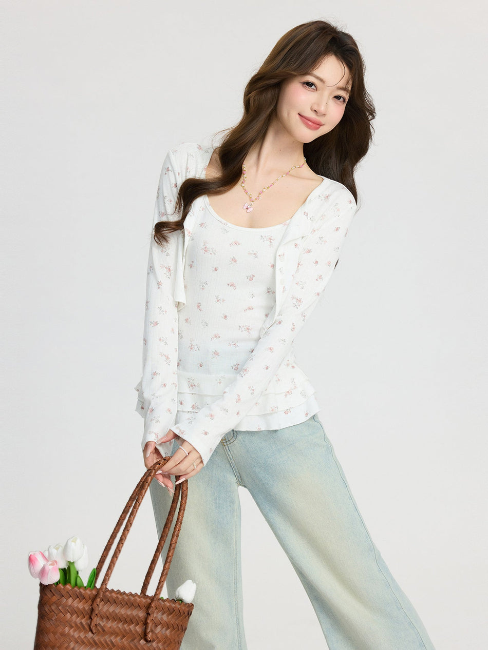 Floral Two-Piece Knitted Cardigan Set Women Spring
