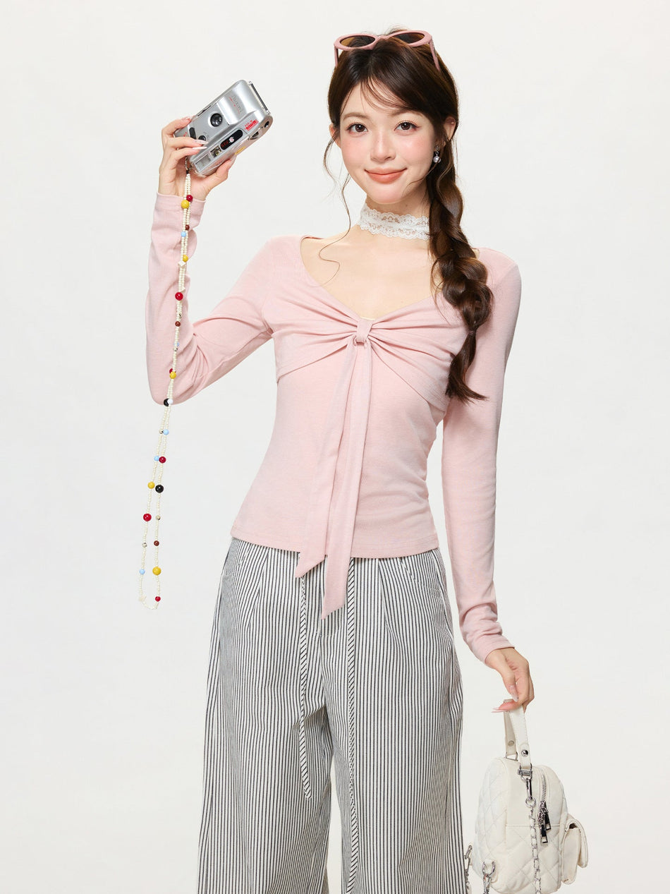Pink Bow V-Neck Sweater Women Slim Fit Spring