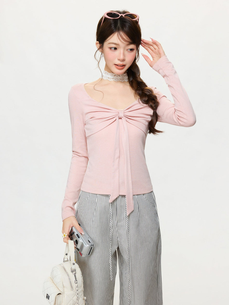 Pink Bow V-Neck Sweater Women Slim Fit Spring