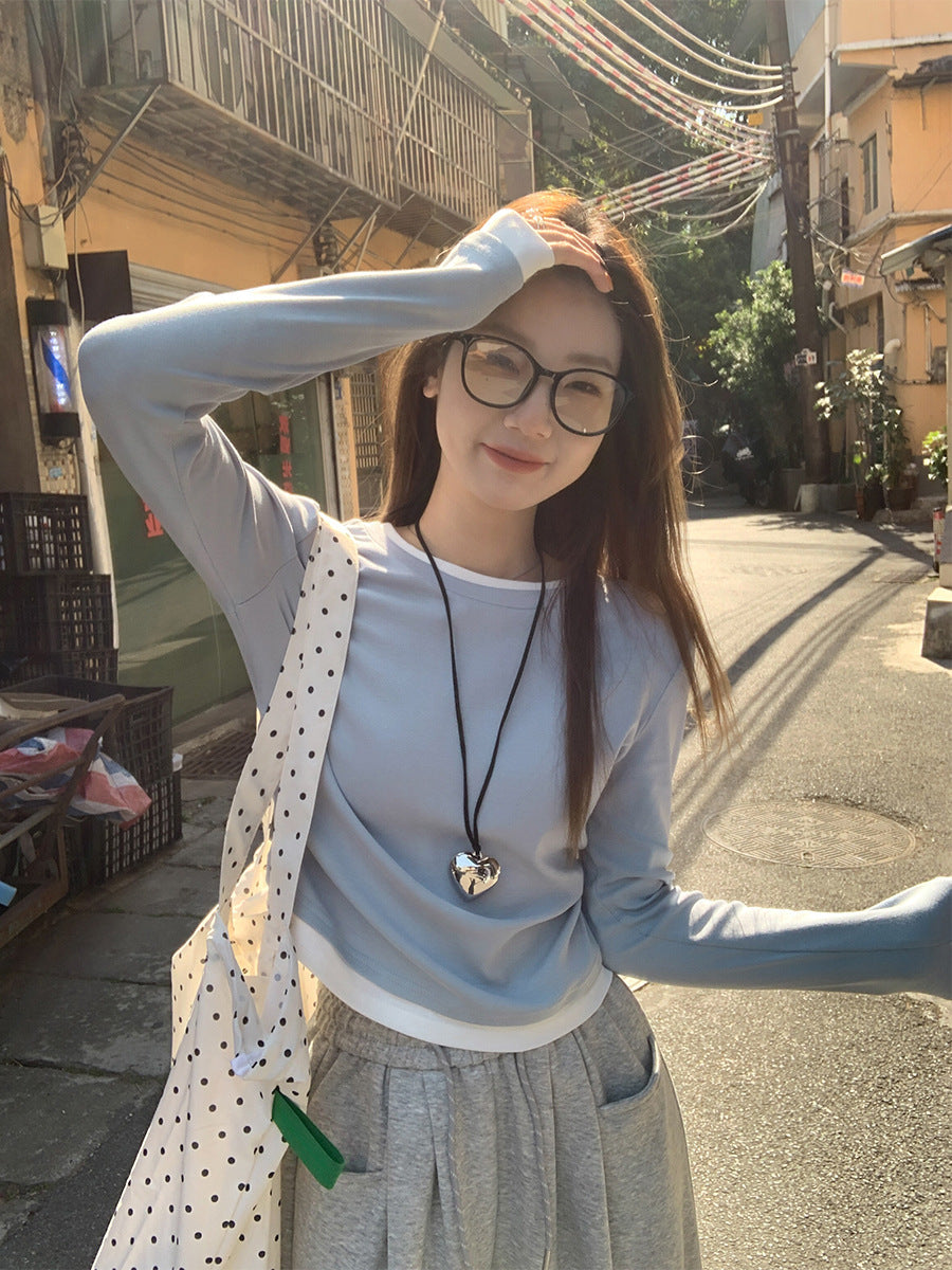 Contrast Stitching Two-Piece Long Sleeve Women T-Shirt