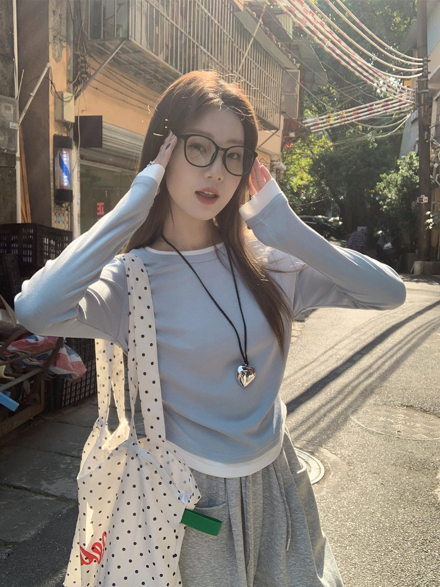 Contrast Stitching Two-Piece Long Sleeve Women T-Shirt