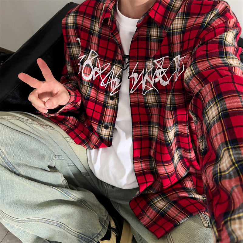 Men’s Embroidered Plaid Shirt – Retro High Street Style
