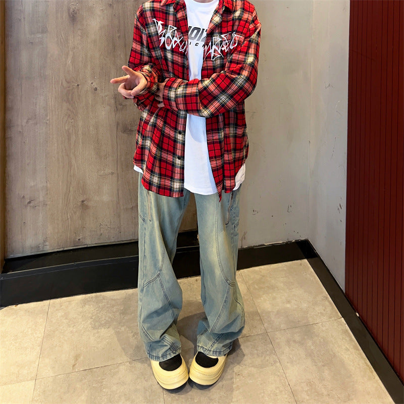 Men’s Embroidered Plaid Shirt – Retro High Street Style
