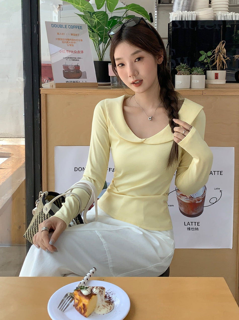 Doll Collar Slim Fit Women Long Sleeve T-Shirt Autumn