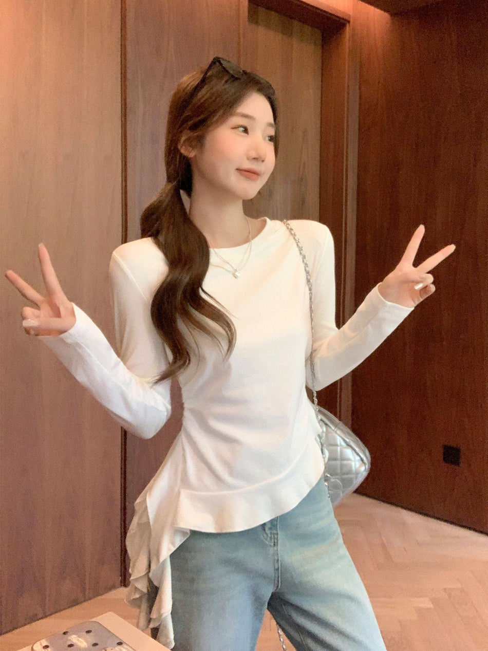 White Ruffle Hem Long Sleeve Women T-Shirt Autumn