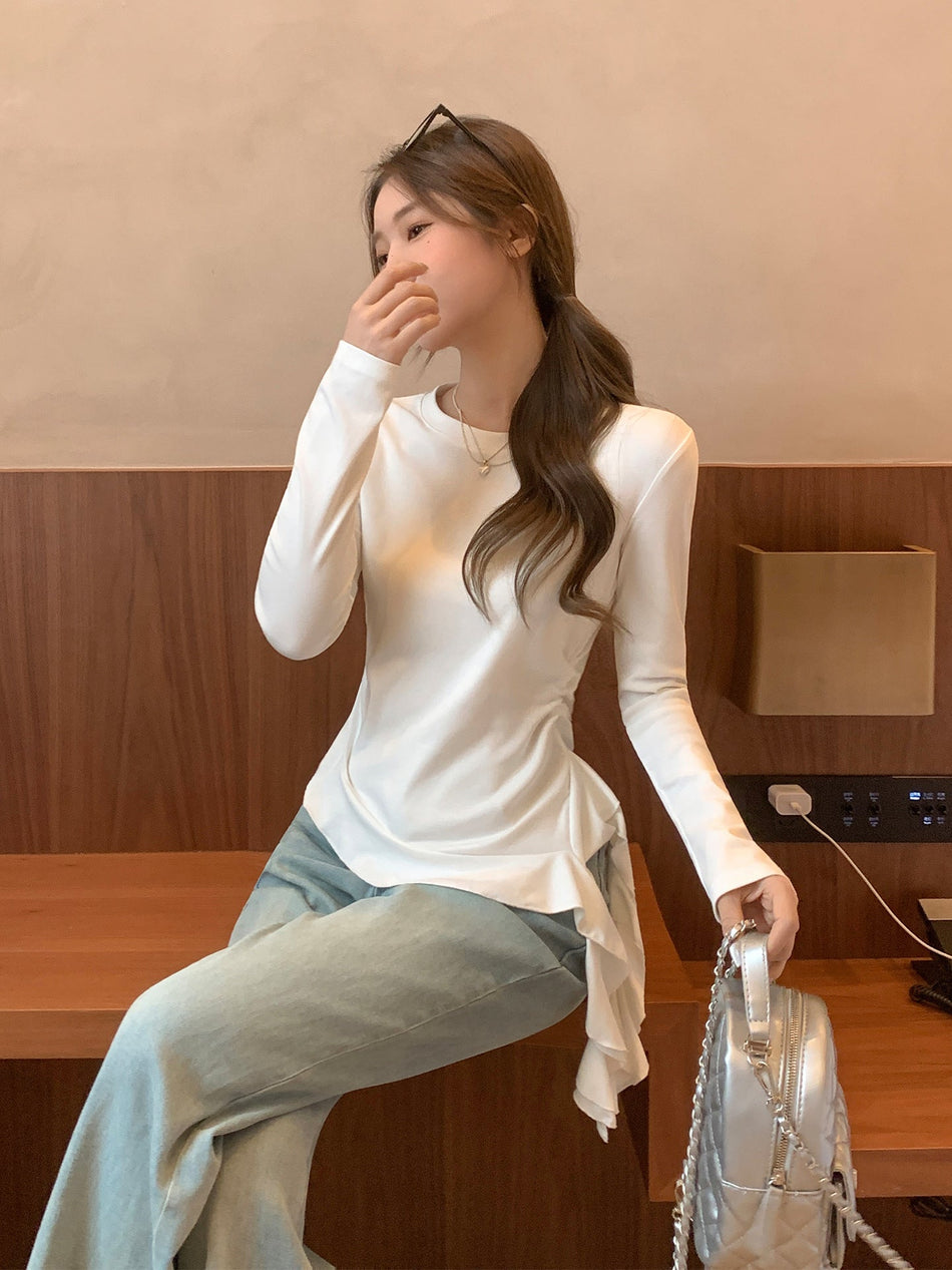 White Ruffle Hem Long Sleeve Women T-Shirt Autumn