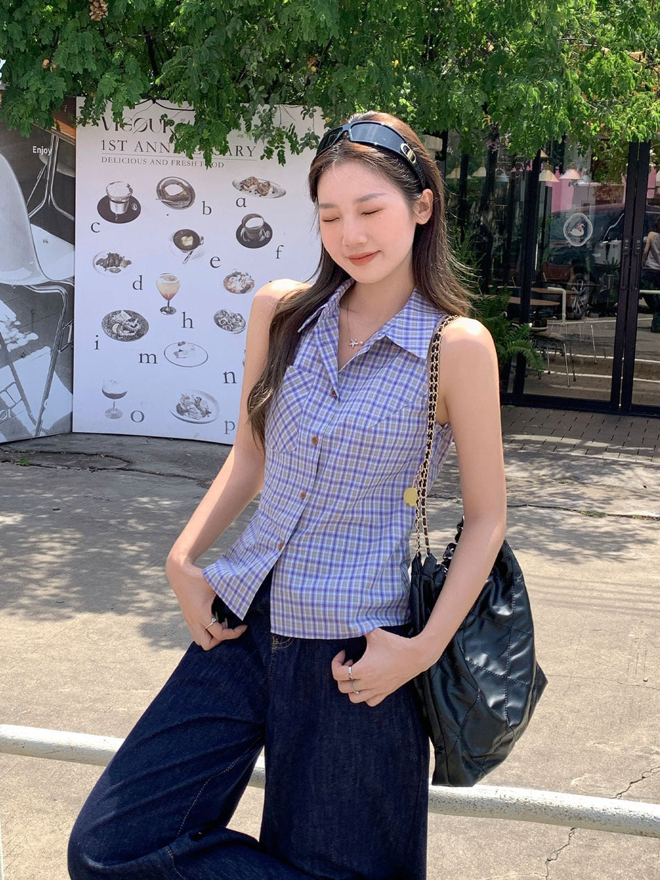Plaid Polo Collar Vest Camisole Women Summer Top