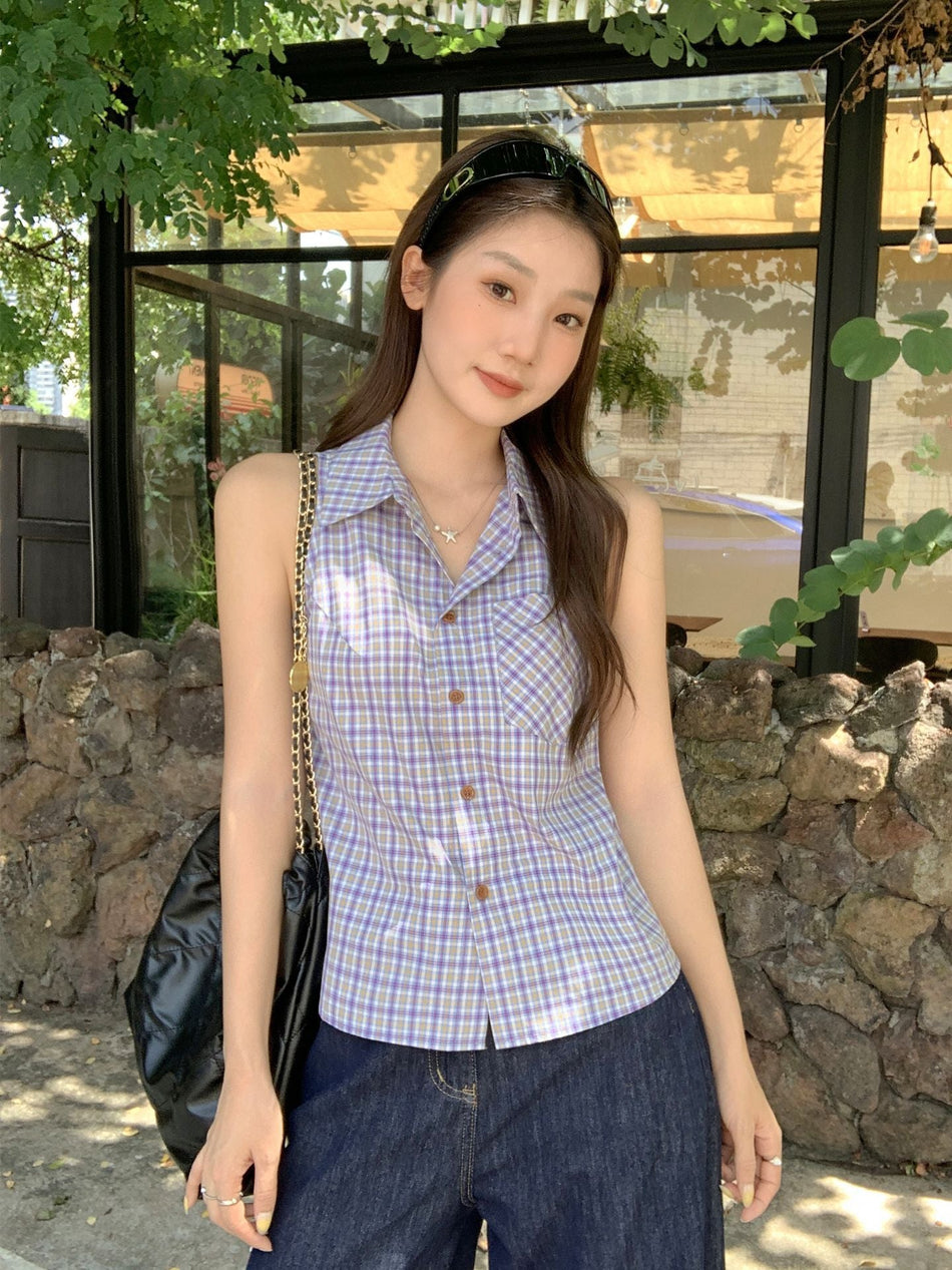Plaid Polo Collar Vest Camisole Women Summer Top
