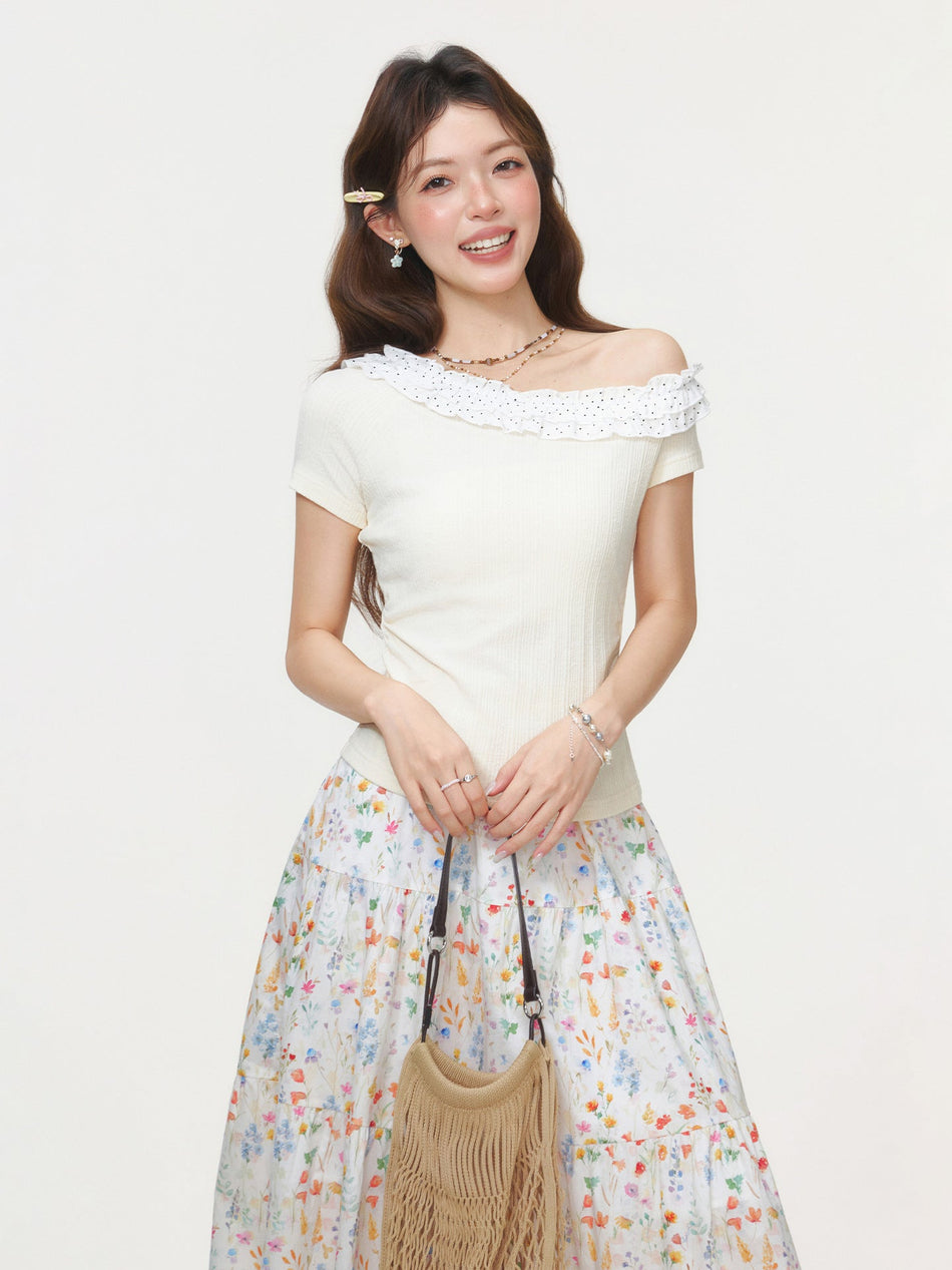 Polka Dot Off-Shoulder Women T-Shirt Summer Slim Fit