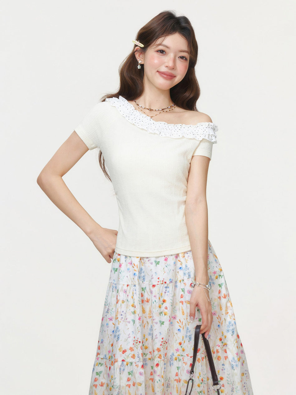 Polka Dot Off-Shoulder Women T-Shirt Summer Slim Fit