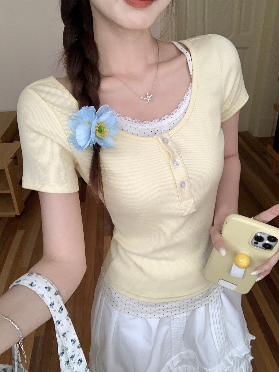 Cream Yellow Floral Two-Piece Women T-Shirt Summer