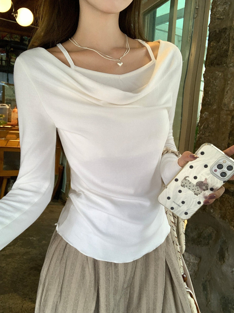 Off-Shoulder Faux Two-Piece Women T-Shirt Autumn