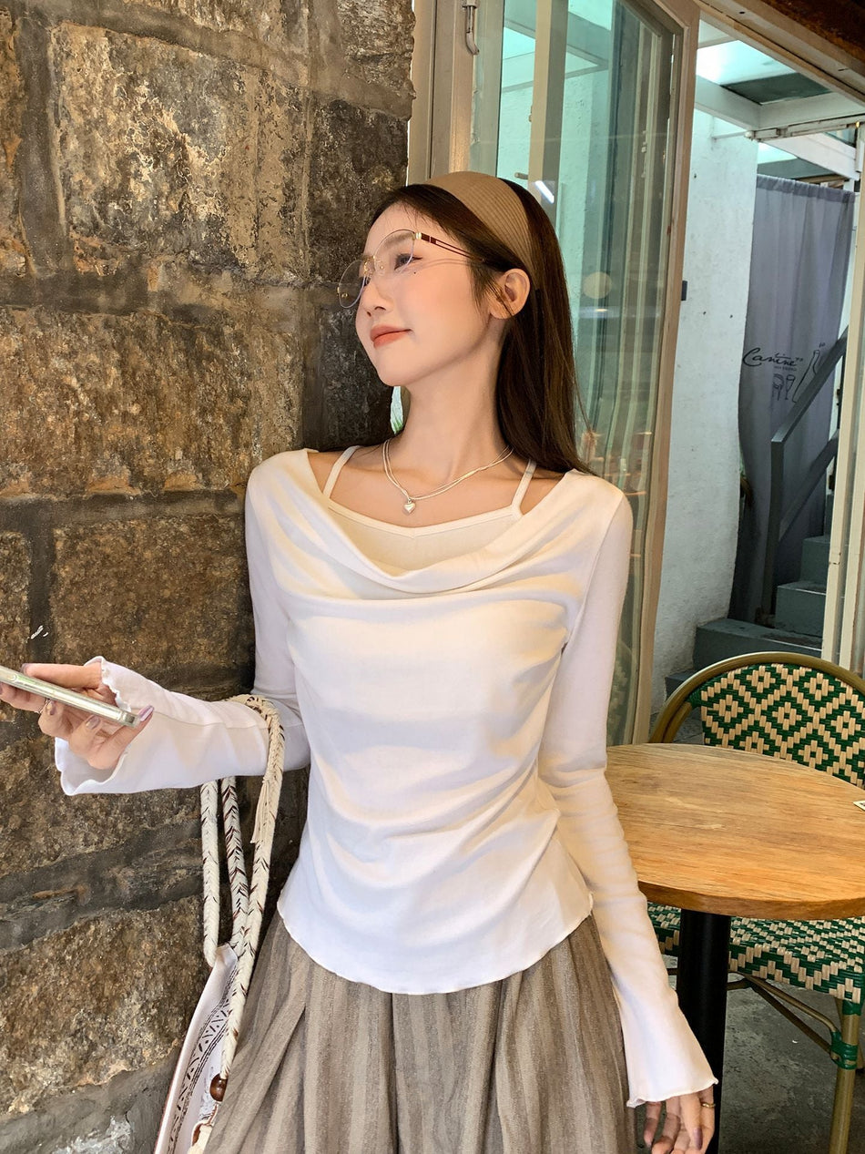 Off-Shoulder Faux Two-Piece Women T-Shirt Autumn