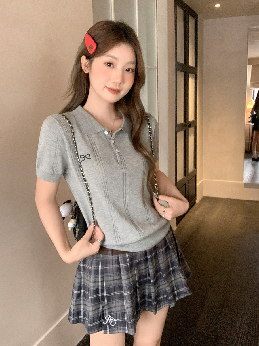 Gray Polo Collar Bow T-Shirt Women Summer Slim Fit