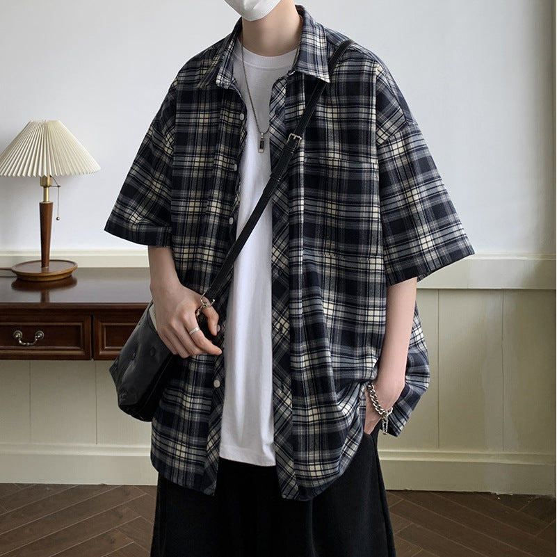 Men’s Japanese Style Plaid Short-Sleeve Shirt – Retro Casual