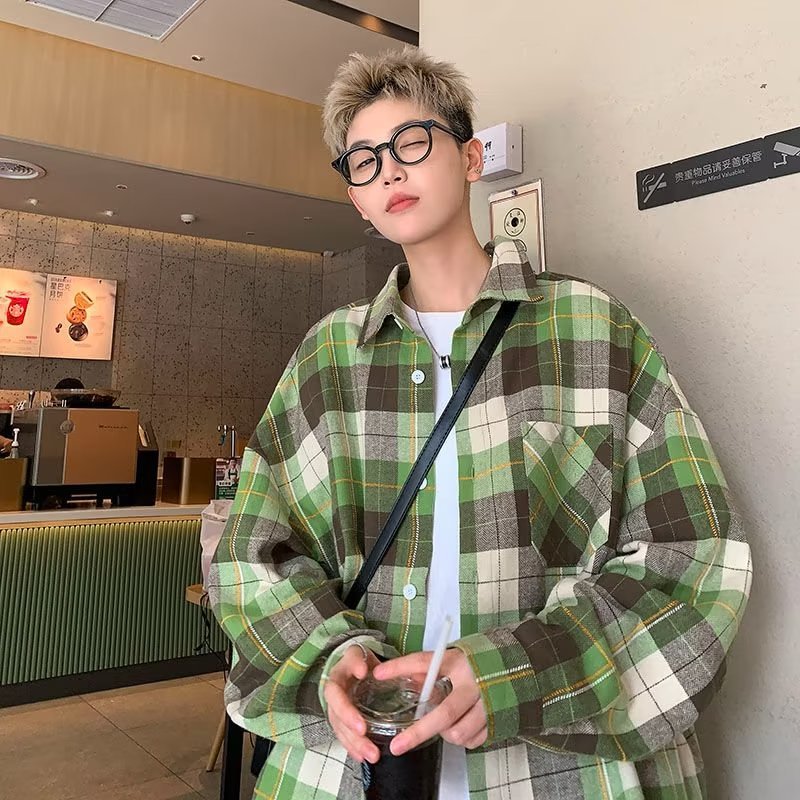 Men’s Green Plaid Shirt – Retro Casual Jacket