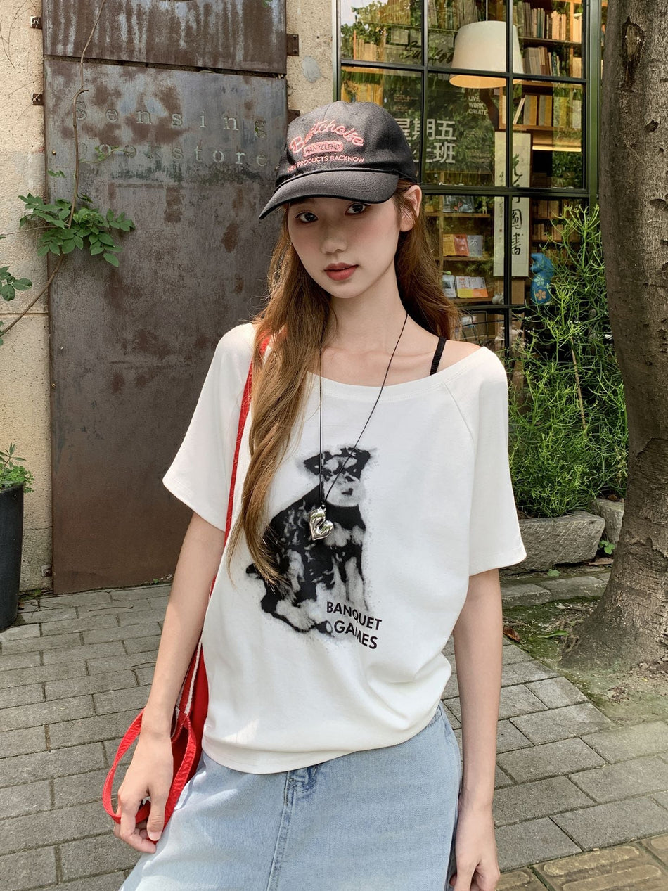Puppy Print Off-Shoulder Women T-Shirt Summer