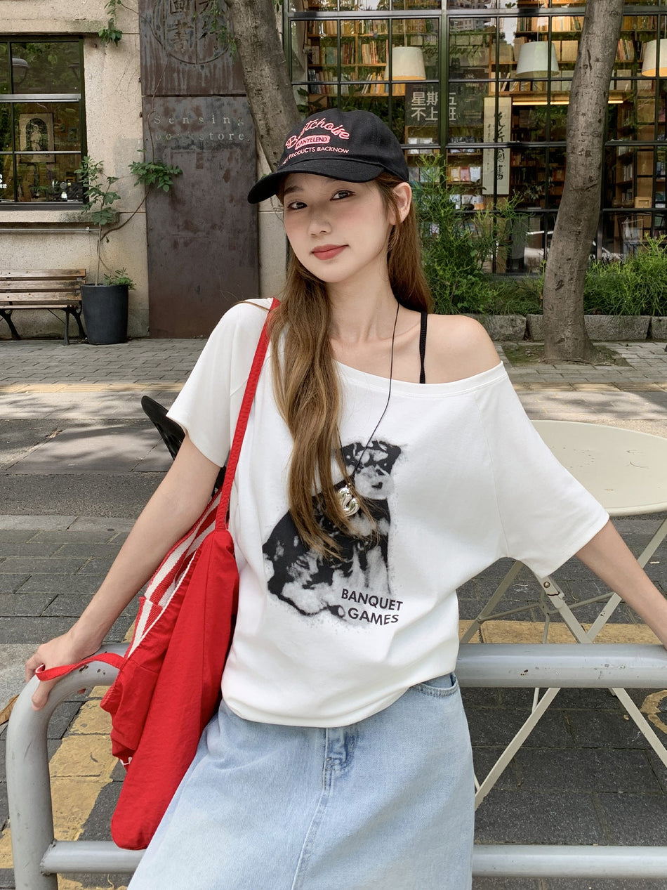 Puppy Print Off-Shoulder Women T-Shirt Summer
