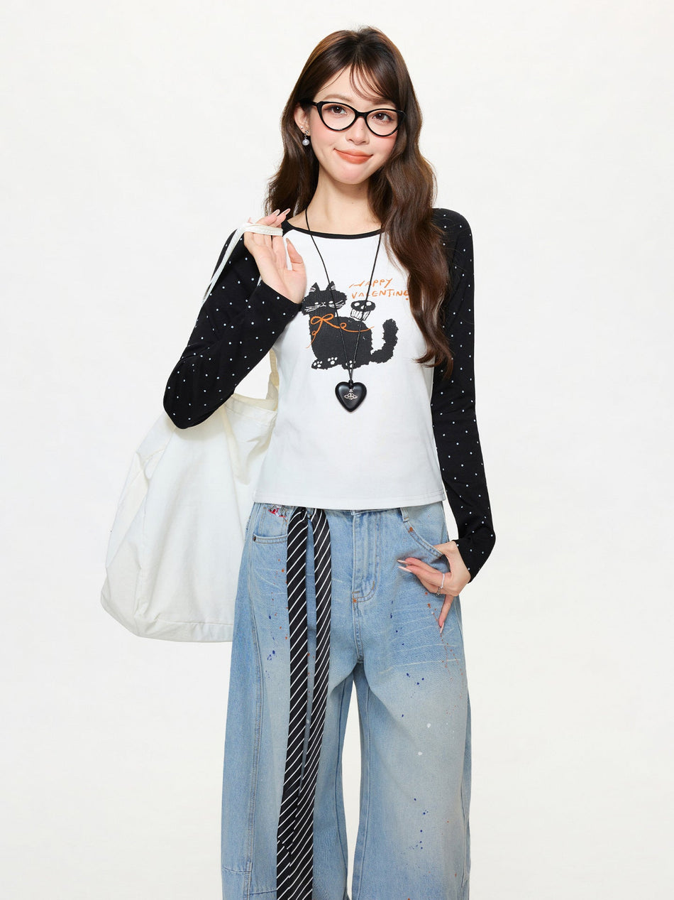 Korean Contrast Stitching Women Long Sleeve T-Shirt