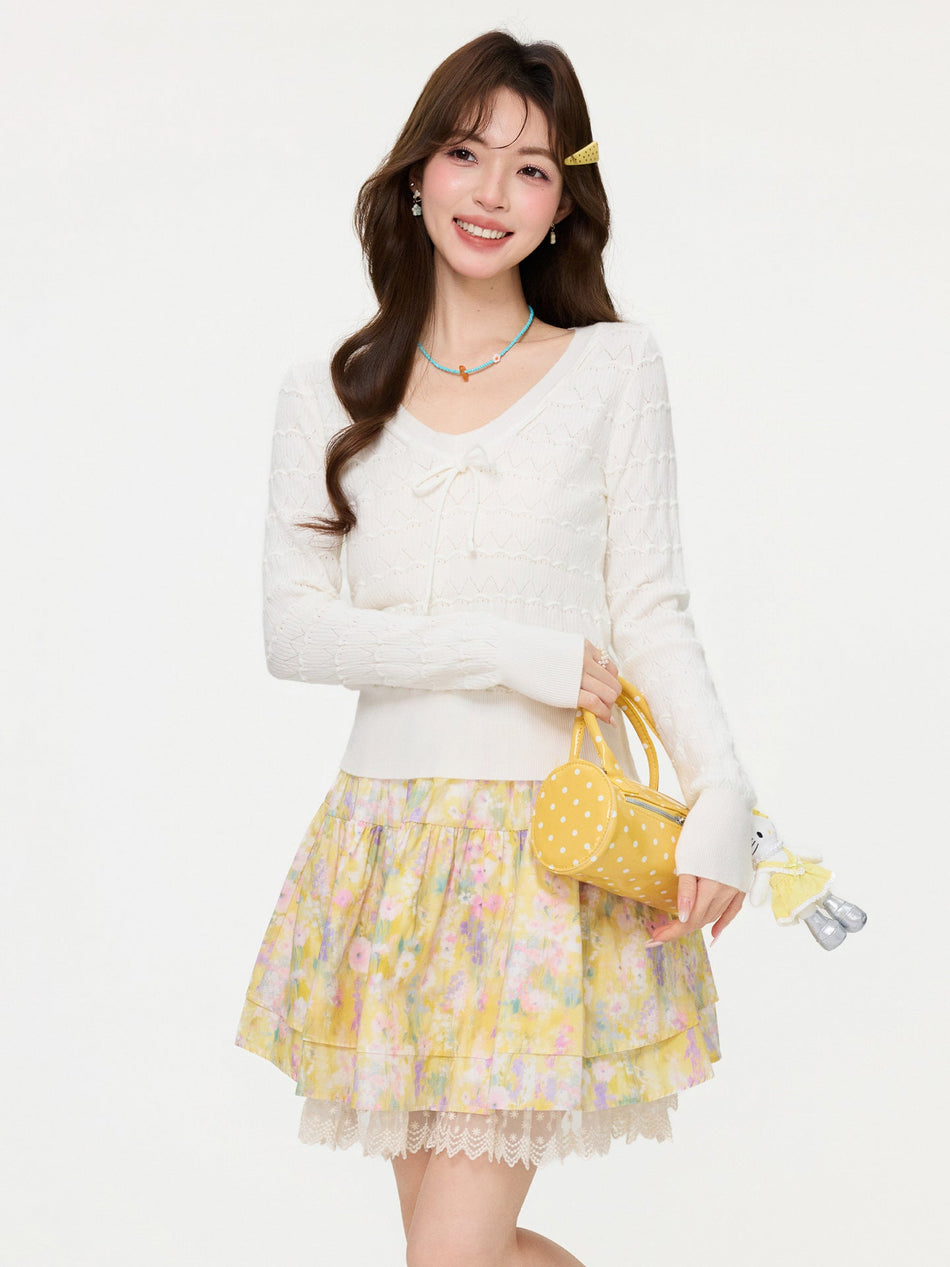 White Bow V-Neck Knit Hollow Women T-Shirt Spring