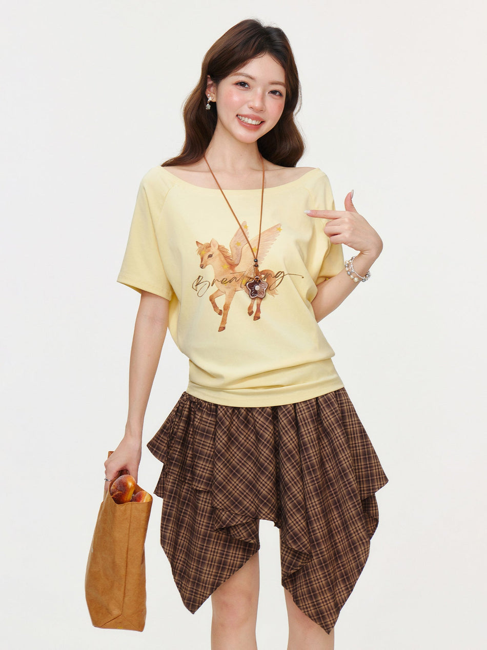 Off-Shoulder Pony Print Women T-Shirt 2026 Summer