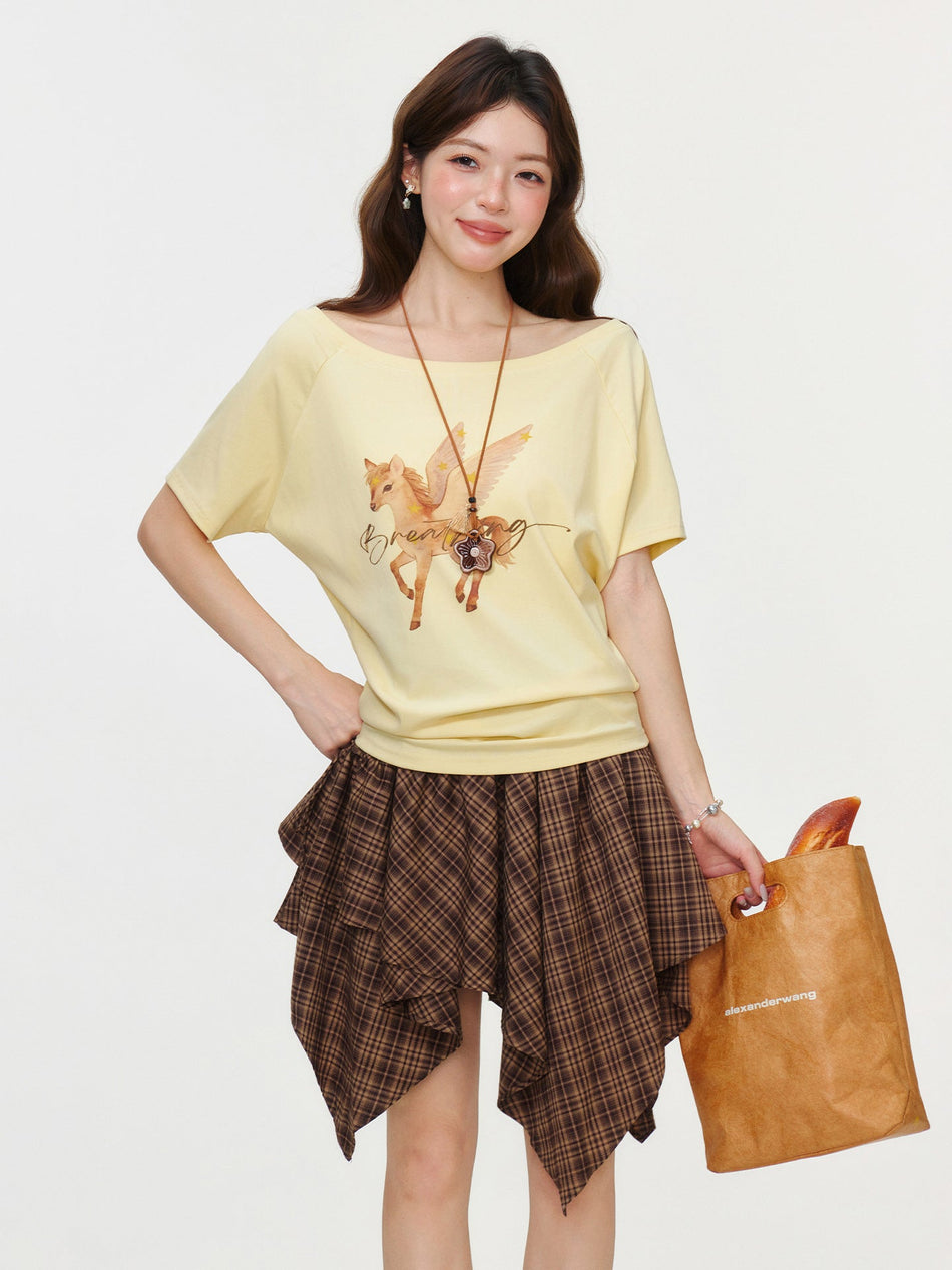 Off-Shoulder Pony Print Women T-Shirt 2026 Summer