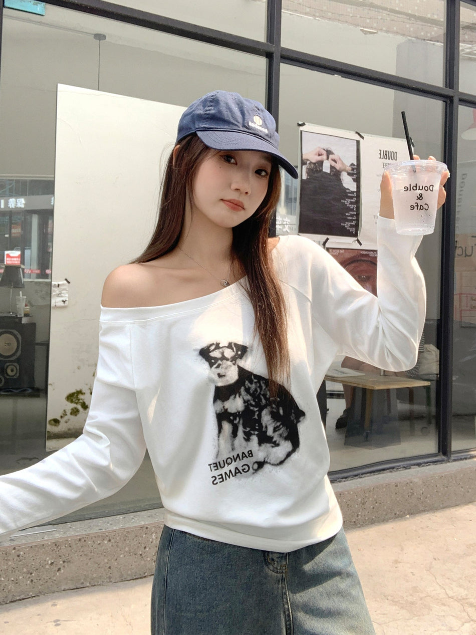 White Dog Print Off-Shoulder Women T-Shirt 2026