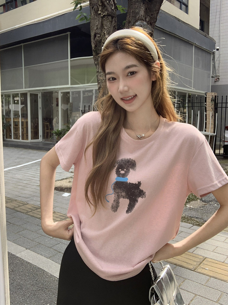 Gray Puppy Print Women Slim T-Shirt Summer 2026