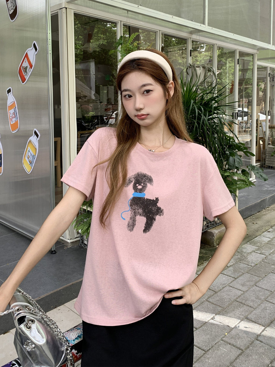 Gray Puppy Print Women Slim T-Shirt Summer 2026
