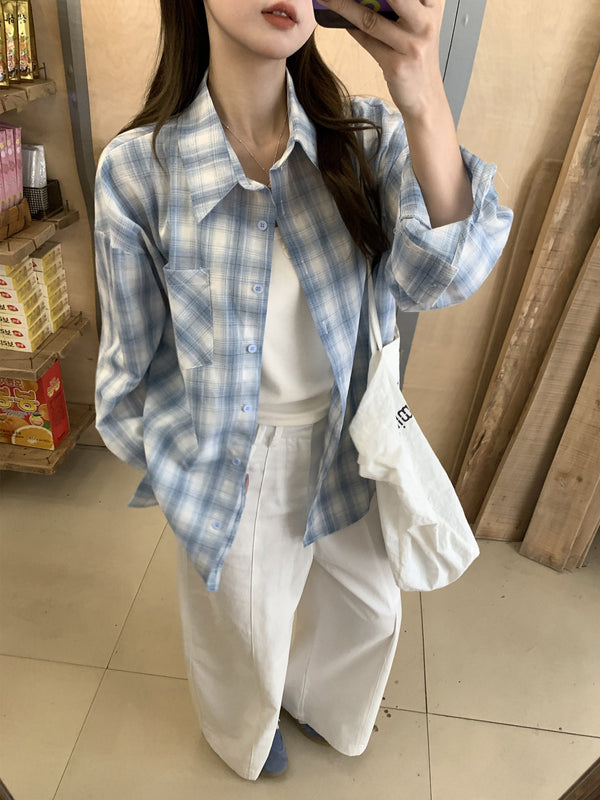 STOCK-Blue Plaid Polo Collar Women Shirt 2026 Autumn