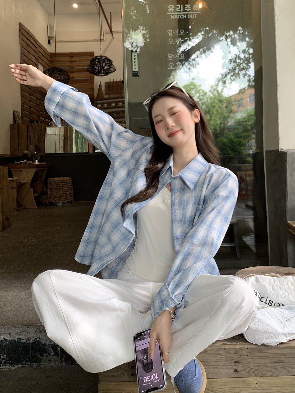Blue Plaid Polo Collar Women Shirt 2026 Autumn