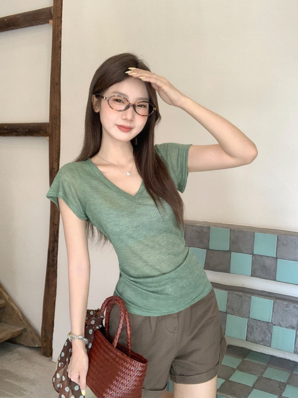 Green Plant Print V-Neck Women T-Shirt Summer 2026