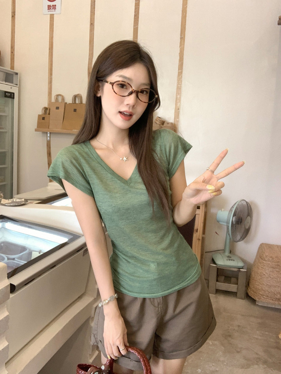 Green Plant Print V-Neck Women T-Shirt Summer 2026