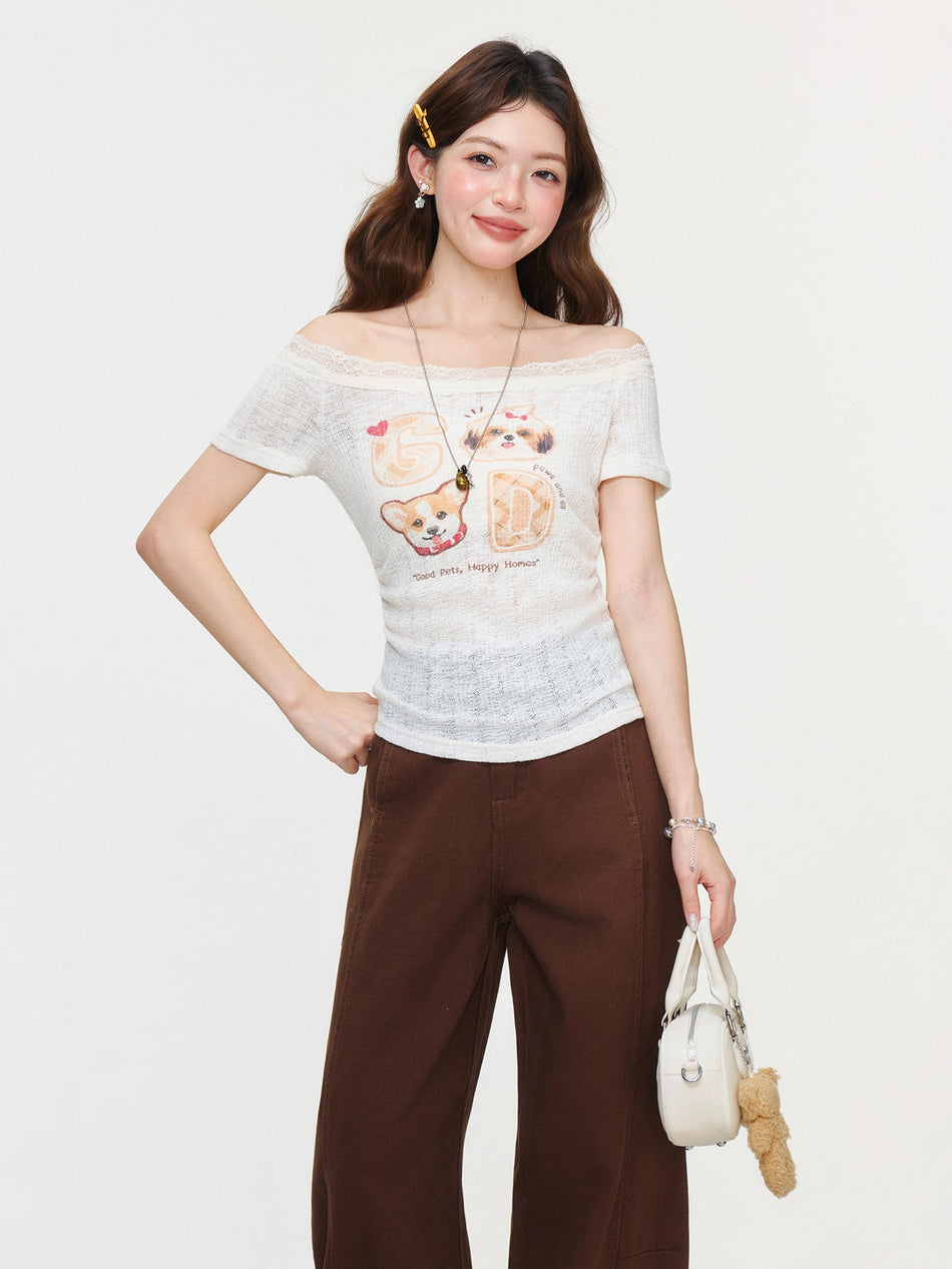 Apricot Lace Off-Shoulder Women T-Shirt 2026 Summer