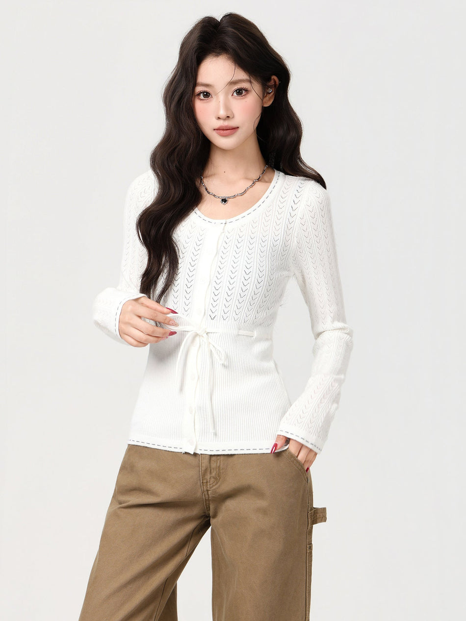 Hollow Lace Knit Cardigan Women Slim Fit 2026