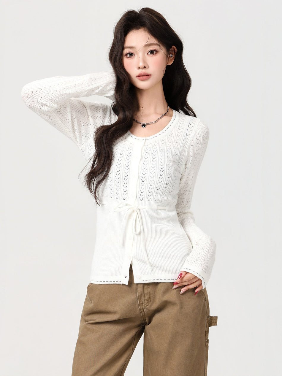 Hollow Lace Knit Cardigan Women Slim Fit 2026