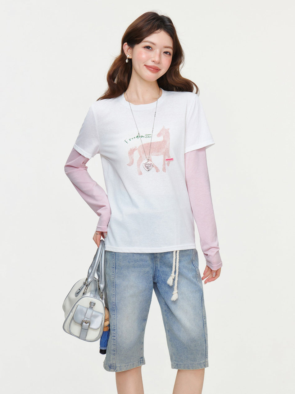 Pony Print Two-Piece Women T-Shirt 2026 Spring