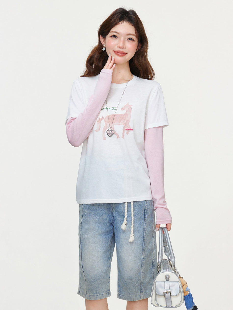Pony Print Two-Piece Women T-Shirt 2026 Spring