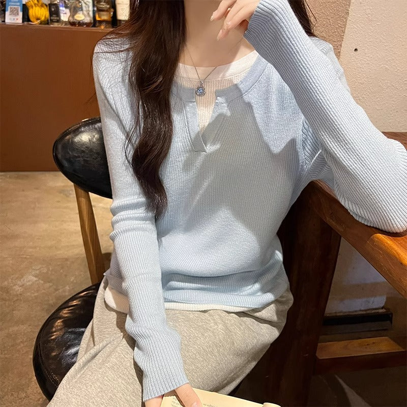 Blue Lazy Knit Women Two-Piece Shirt Spring Autumn