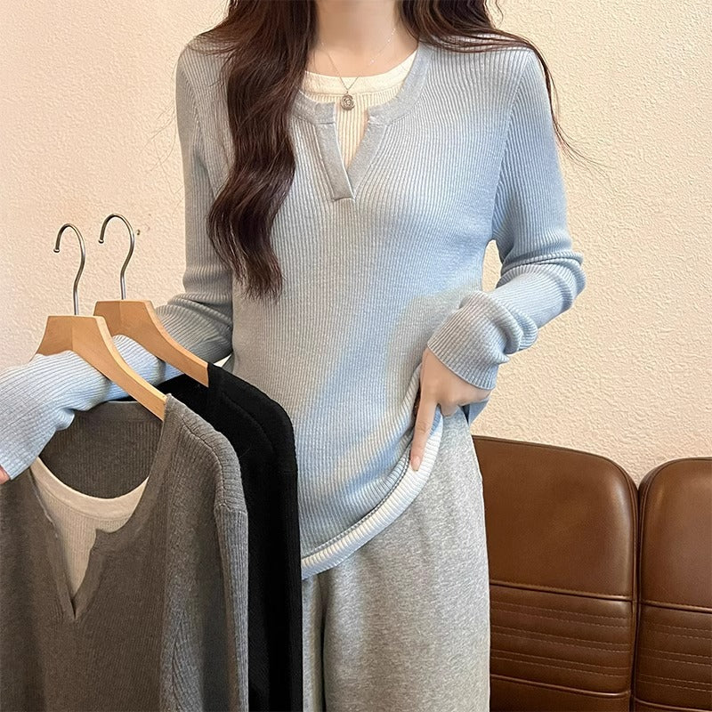 Blue Lazy Knit Women Two-Piece Shirt Spring Autumn