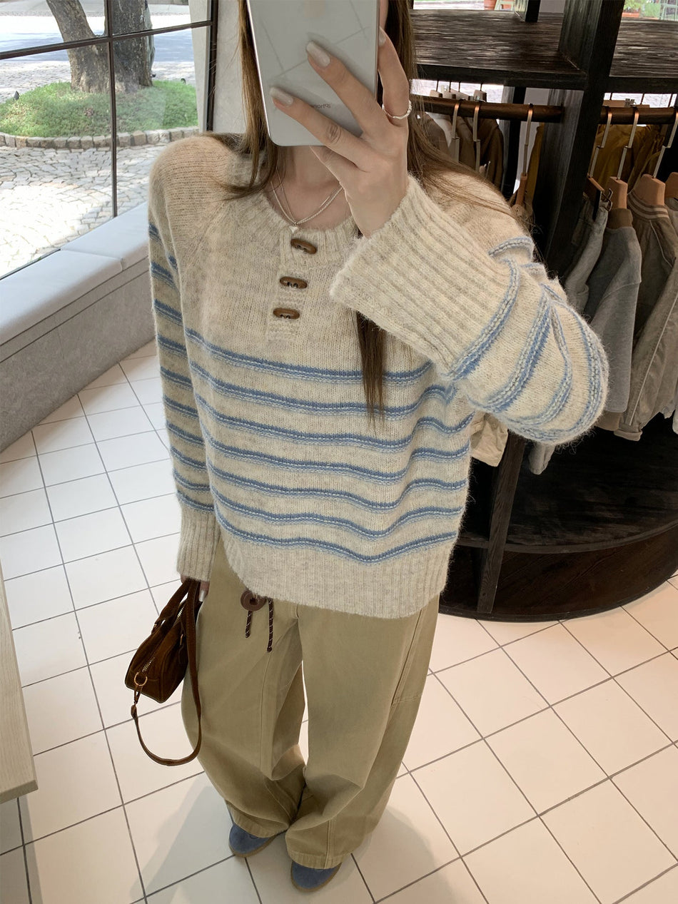 Beige Striped Knit Collar Women Top 2026 Autumn