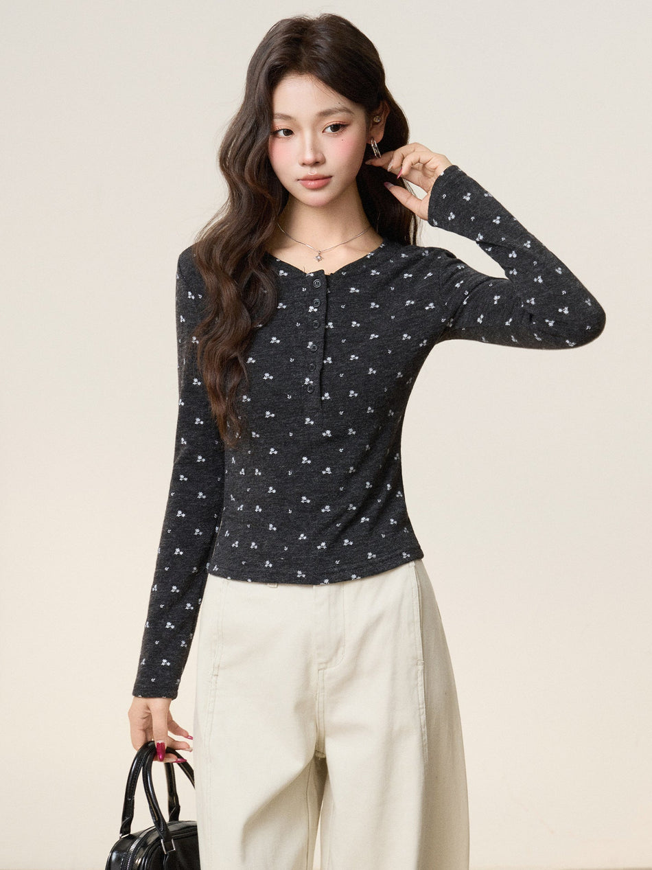 Floral Round Neck Women Base Layer Top 2026 Winter