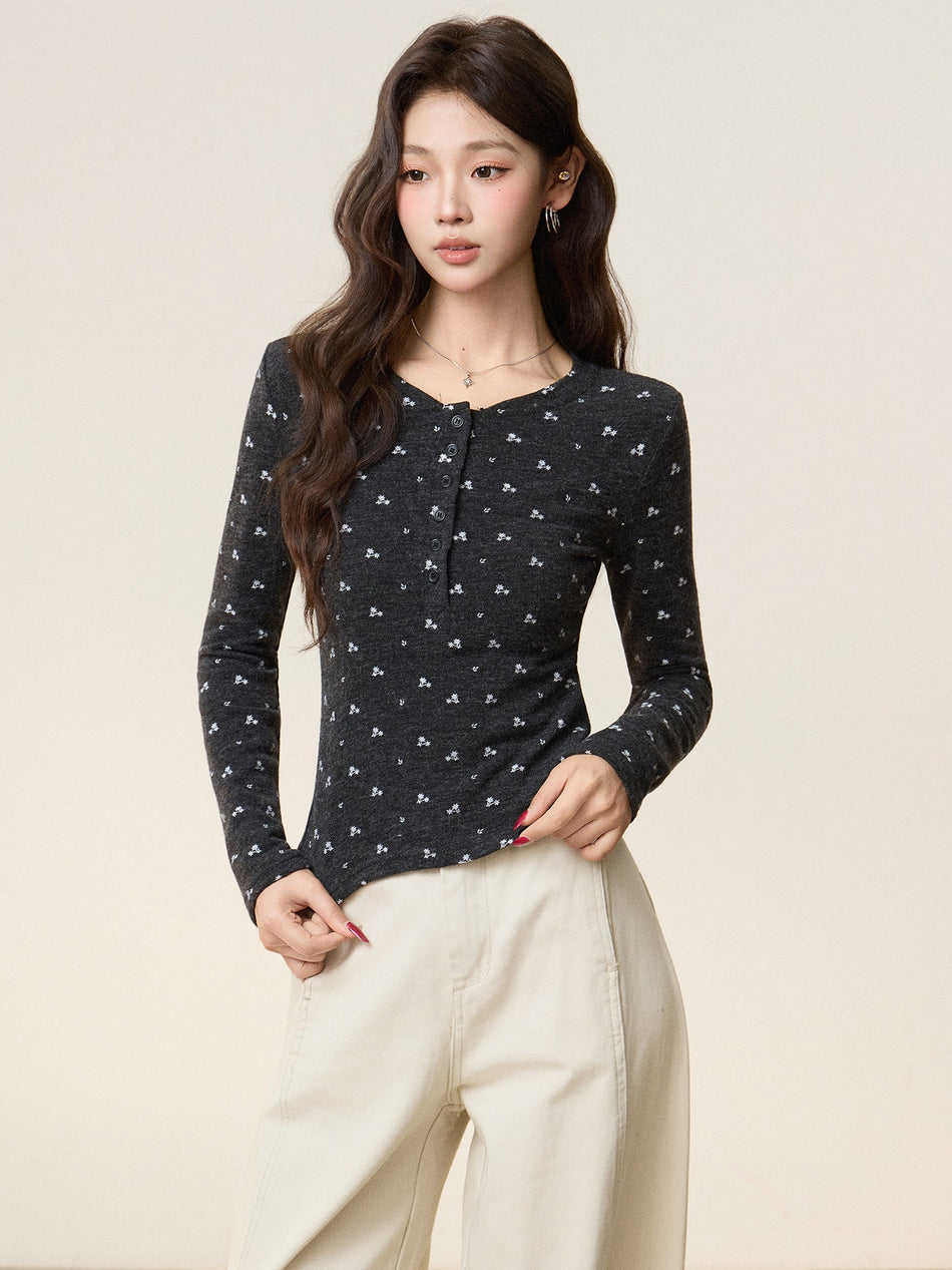 Floral Round Neck Women Base Layer Top 2026 Winter
