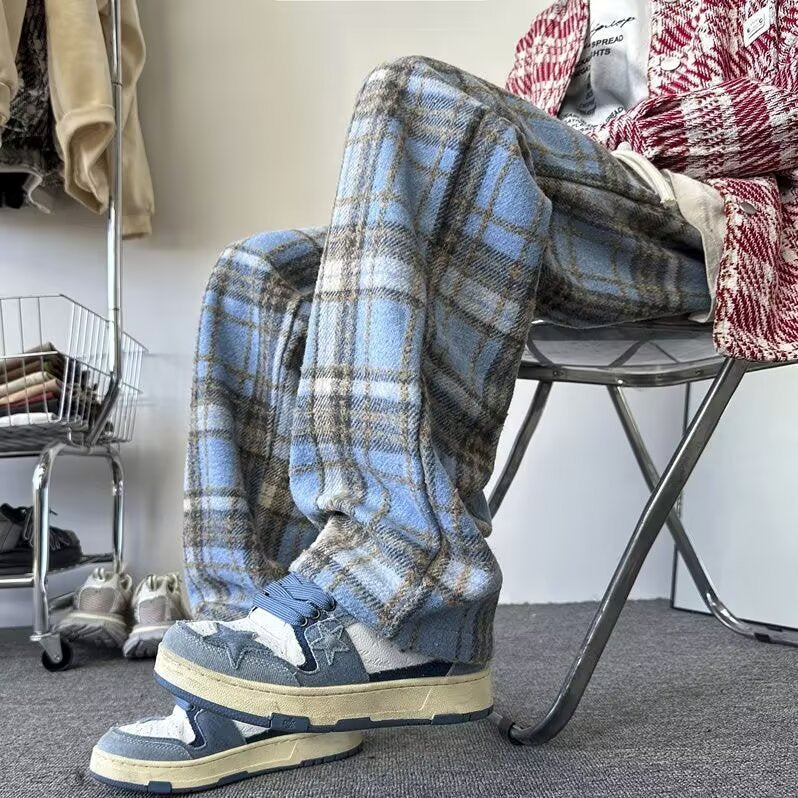 Men’s Wool Plaid Pants – Thick Winter Wide-Leg