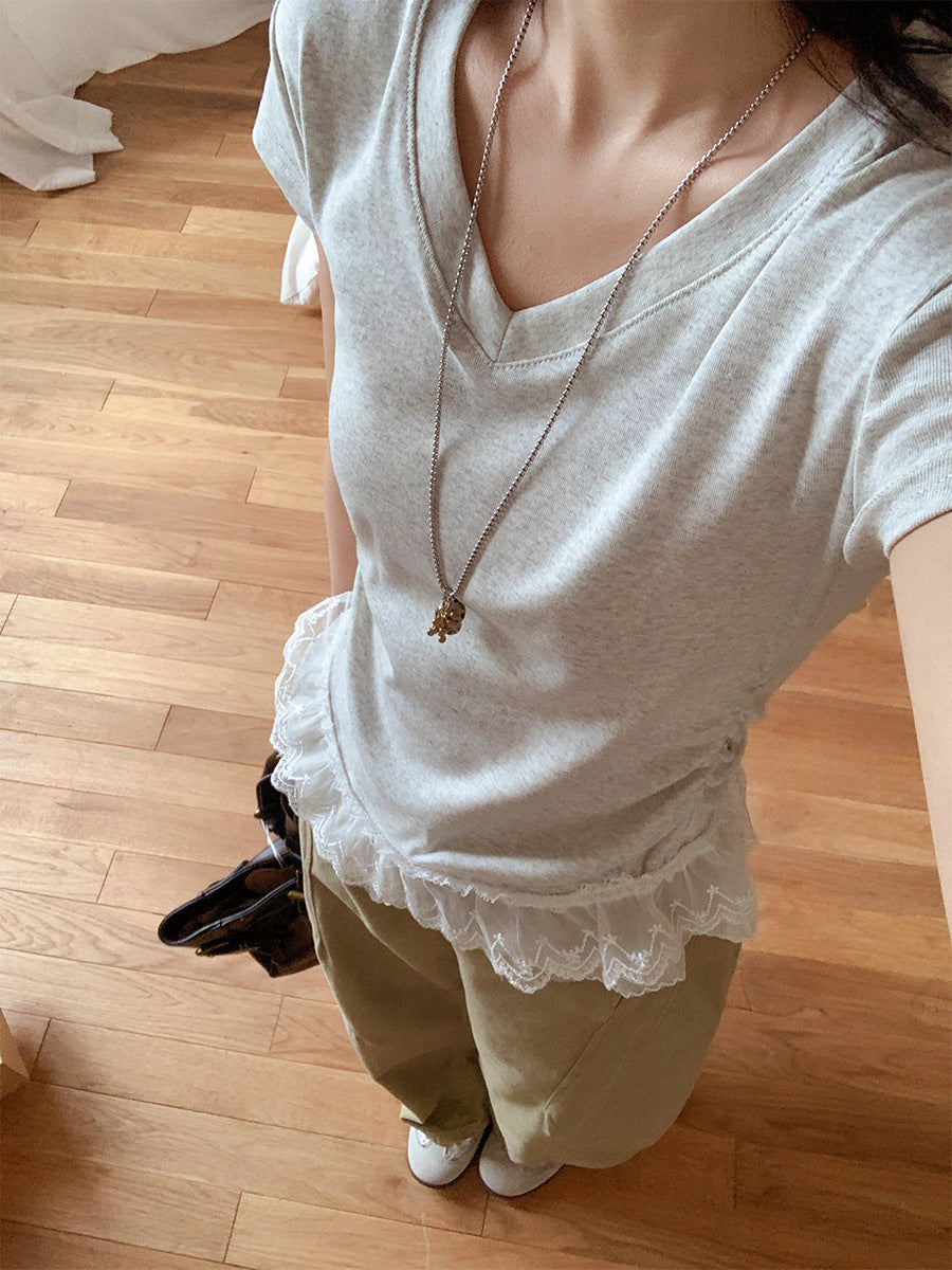 White Lace Trim V-Neck Women T-Shirt Summer 2026