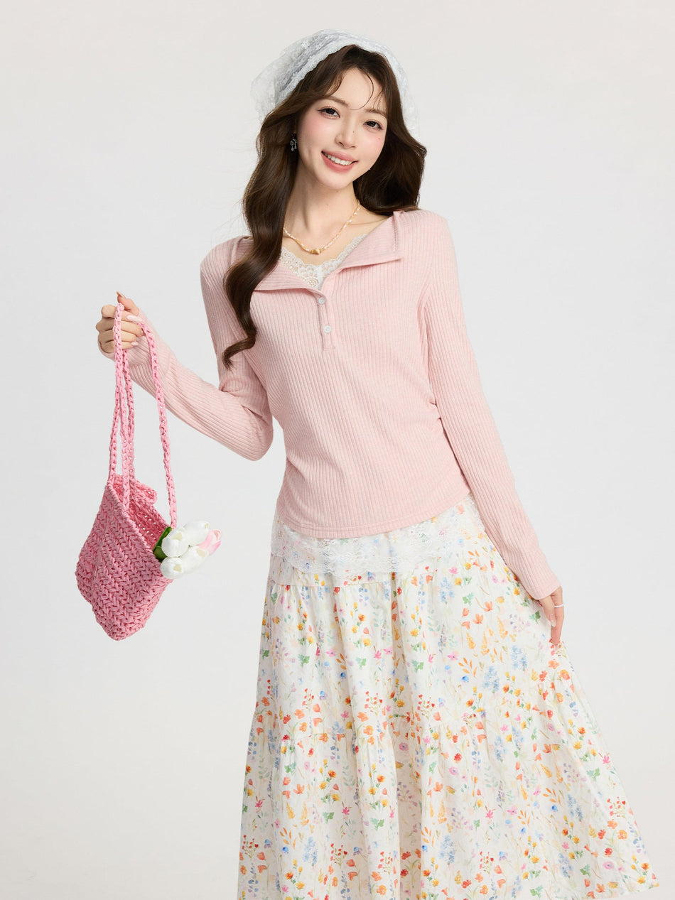 Pink Lace Two-Piece Women T-Shirt 2026 Spring