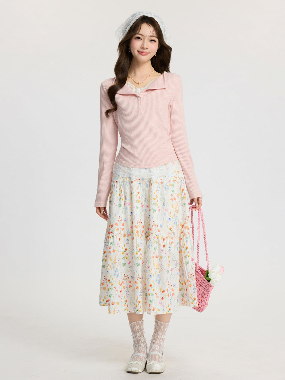 Pink Lace Two-Piece Women T-Shirt 2026 Spring