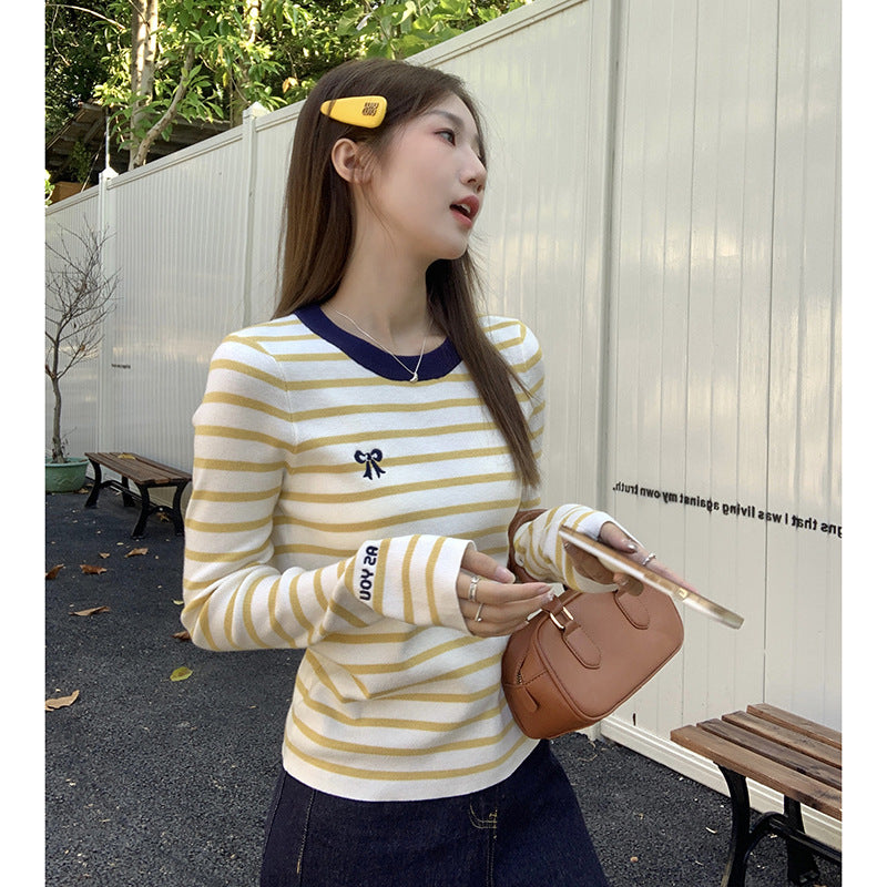 Yellow Striped Knit Women Top Autumn Winter 2026