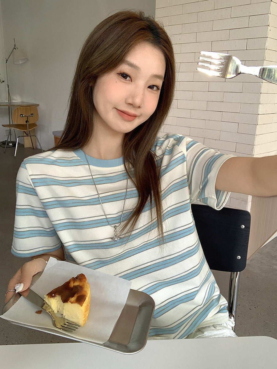 Contrast Stripe Women T-Shirt Summer Loose Slim Fit